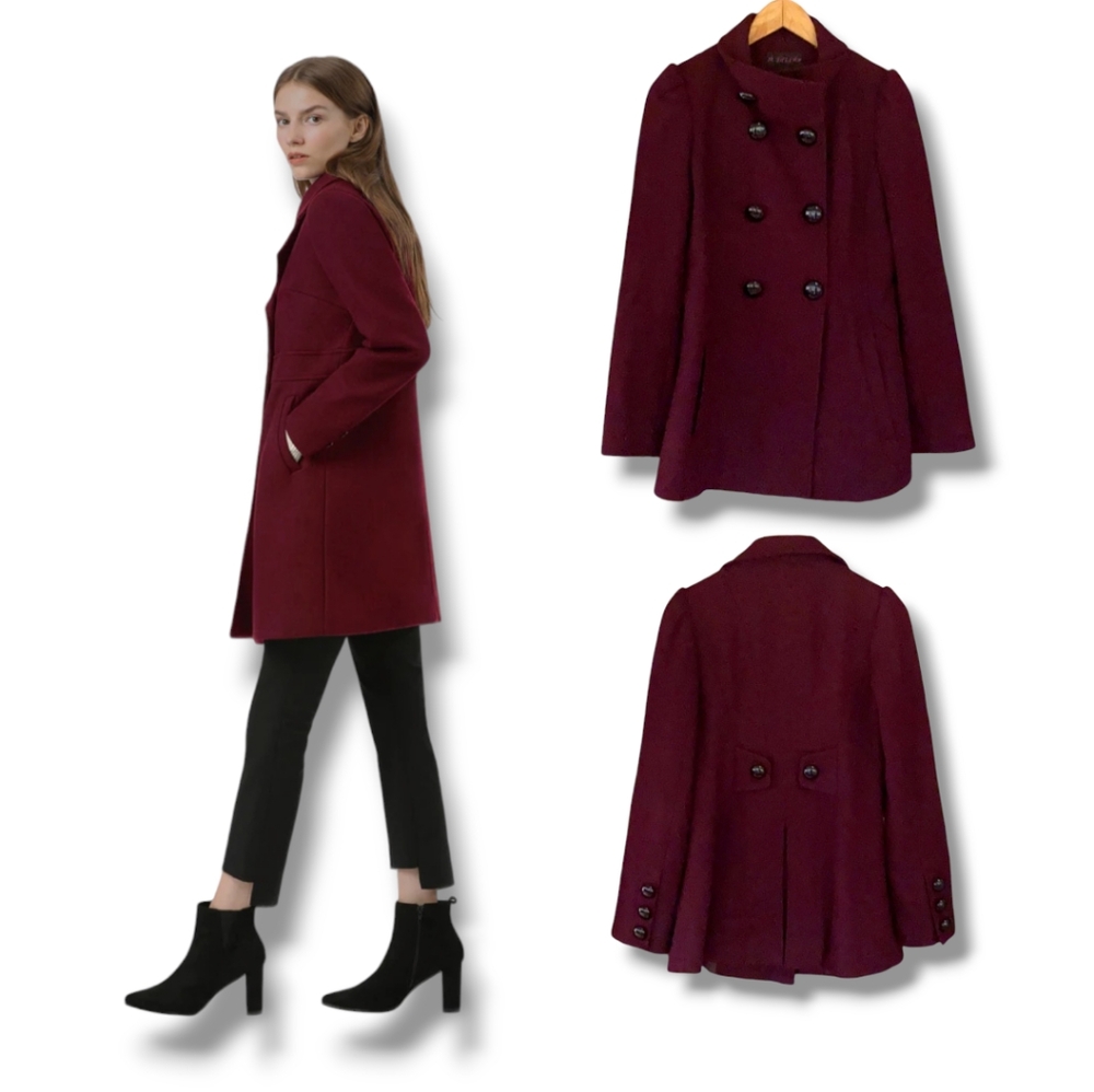M. JULIAN Women's Wined Red Wool Blend Double Breasted Pea Coat
